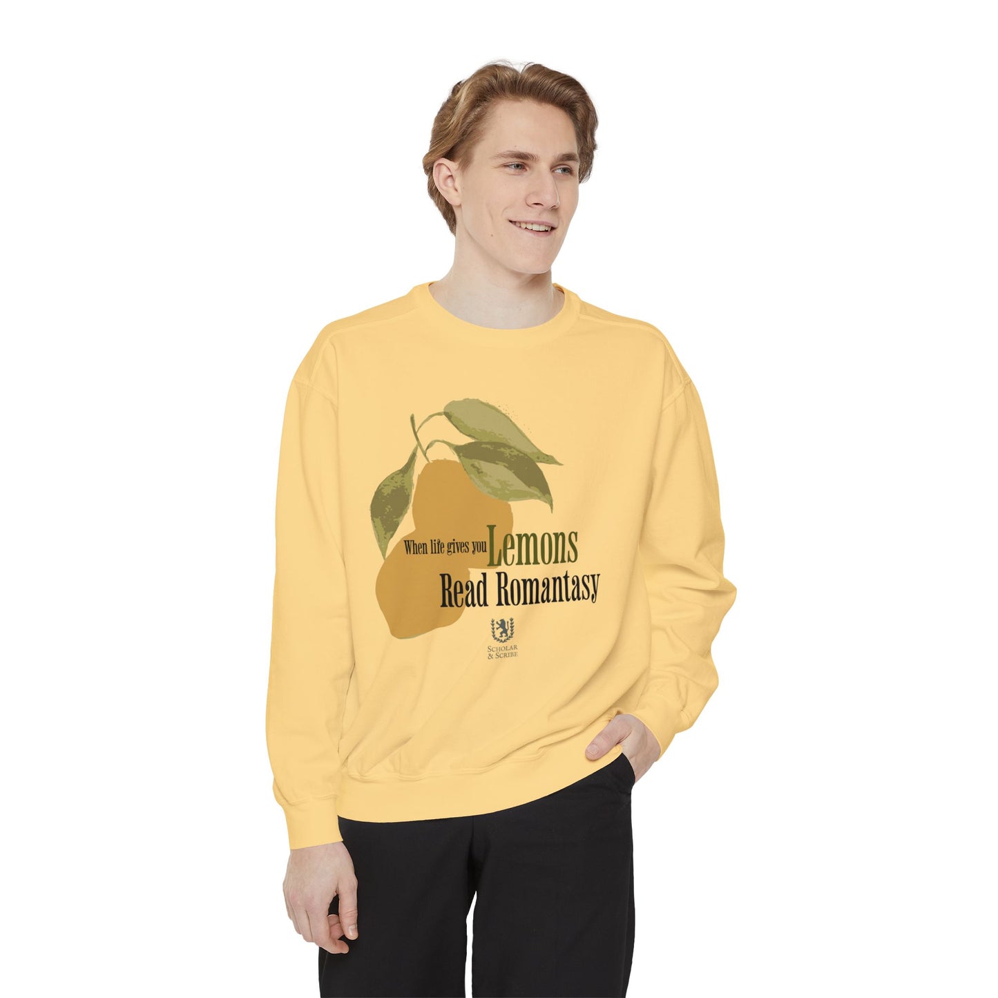 Scholar & Scribe "When Life Gives you Lemons, Read Romantasy" Watercolor Art Unisex Garment-Dyed Sweatshirt