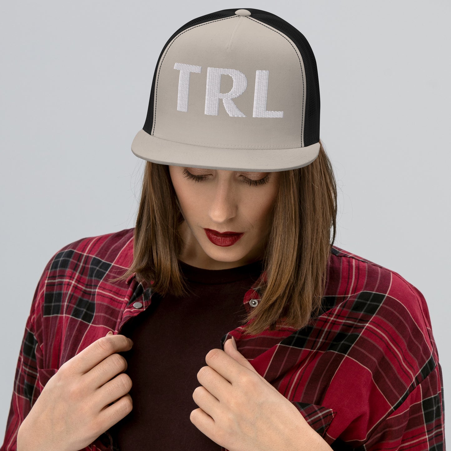 TRL Two-Color Panel Embroidered Trucker Cap - White Puffy Letters