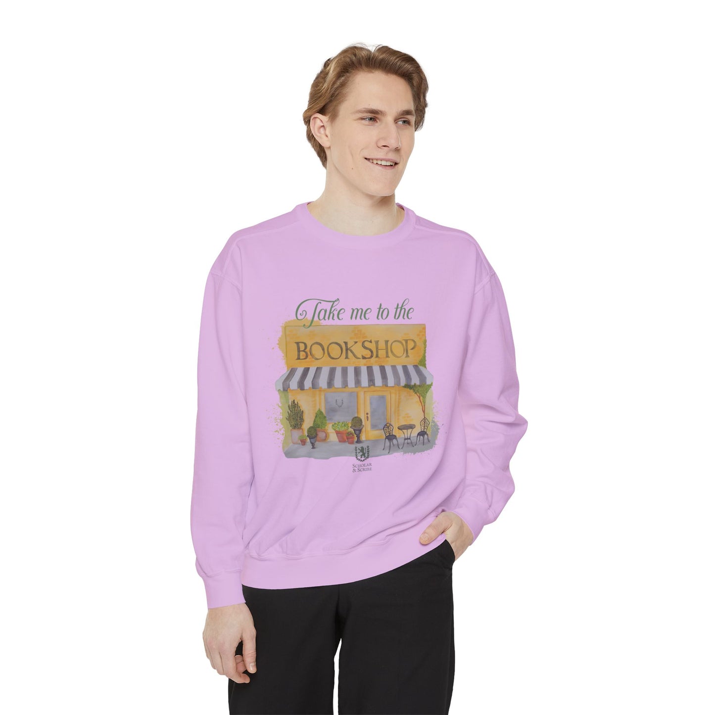 Scholar & Scribe "Take Me to the Bookstore" Watercolor Art Unisex Garment-Dyed Sweatshirt