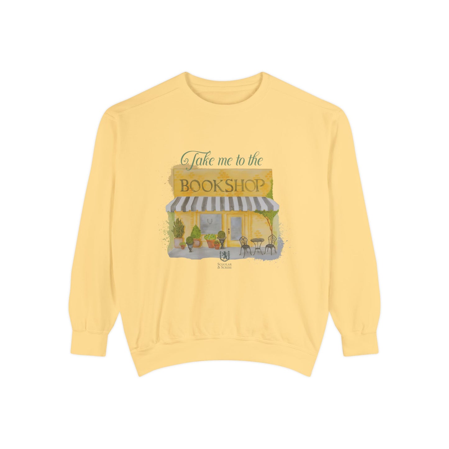 Scholar & Scribe "Take Me to the Bookstore" Watercolor Art Unisex Garment-Dyed Sweatshirt